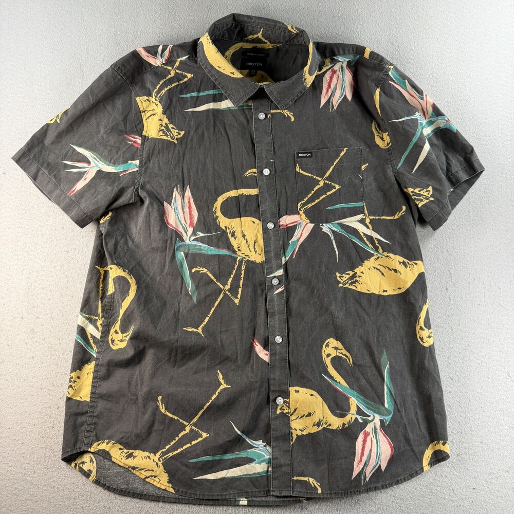 Brixton Charter Shirt Mens XL Black Flamingo Floral Short Sleeve Button Up